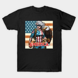 America Female Gritty 80s Comic Book Superhero Patriotic USA T-Shirt